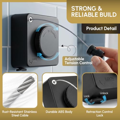 Retractable Clothesline Indoor, Wall Mounted, Black - color: Black