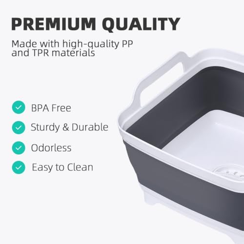 Collapsible Dish Basin, 9L/2.4 Gal Foldable Sink Tub with Drain