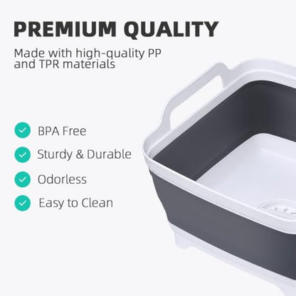Collapsible Dish Basin, 9L/2.4 Gal Foldable Sink Tub with Drain