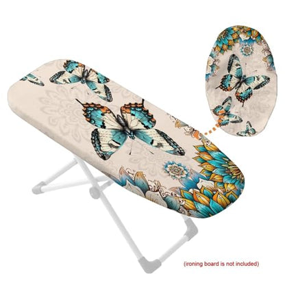 Mandala Flower Butterfly Printed Ironing Board Cover with Elastic Edge, Apartment RVs Anti Slip Iron Board Cover Scorch Resistant, Mini Table Top Ironing Cover Easy Replacement - color: Beige - Mandala Flower Butterfly