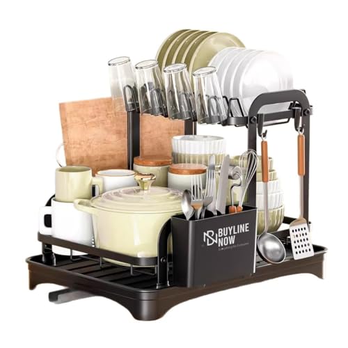 2 tier dish drying rack large capacity – space-saving kitchen organizer with utensil holder & cup rack – fast draining system for countertop use – ideal for families – two tier dish drying rack