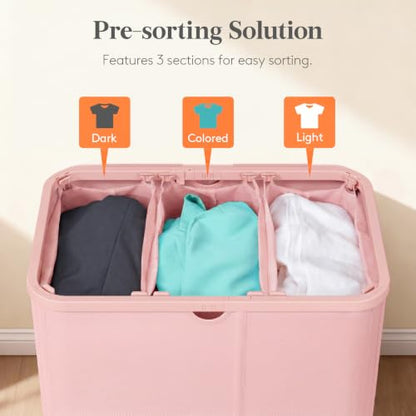 Lifewit 185L 3 Section Laundry Hamper with Lid, Laundry Basket, Pink - color: Pink, size: 185L
