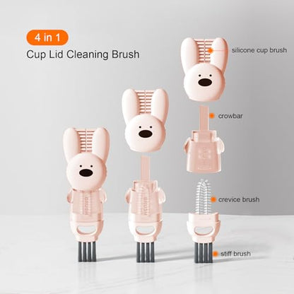 4 in 1 Cup Lid Cleaning Brush, Multifunctional Bottle Cleaning Brush, Cup Crevice Cleaning Tools, Easy to Clean and Storage, Cup Lid Gap Cleaner, Home Kitchen Cleaning Tools - 3Pcs - color: Pink