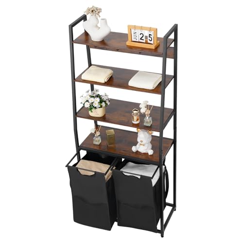 VEVOR 4 Tiers Laundry Sorter, Tall Laundry Hamper with Shelves and Hooks, 2 Section Freestanding Basket Organizer Storage with 600D Oxford Cloth Bags and Ladder Shelves for Dirty Clothes, Bathroom - style: 4 Tiers