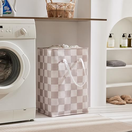 Ohocut Checkered Laundry Hamper, Pack of 2, Large Beige Khaki Collapsible Cloth Hampers Basket for Storage Organization Cute Aesthetic, 2 x 75L - color: Beige