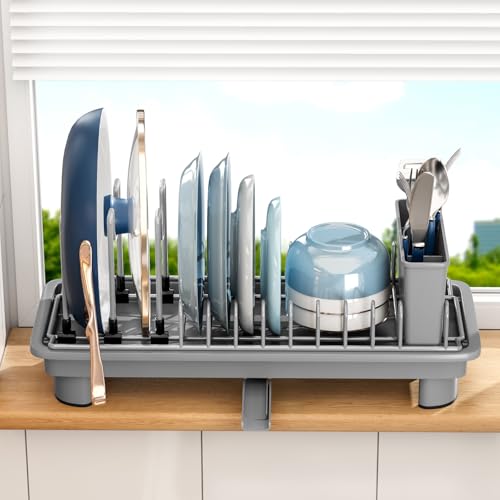 Compact Dish Drying Rack with Utensil Holder – Small Countertop Dish Drainer with 360° Rotating Drain Spout, Stainless Steel Dish Rack for Kitchen Sink, Space-Saving Design for Small Kitchen , Grey - color: Gray