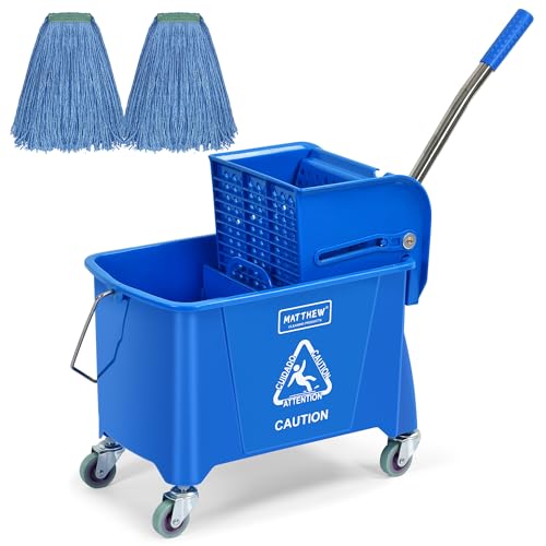 MATTHEW Cleaning Blue 22Quart Compact Mop Bucket INCL.2 Pcs Mop Head with Side Press Wringer On Wheels,Tandem Portable Floor Cleaning Wavebrake,Ideal for Household,Industrial,Restaurant,Janitorial Use - color: Blue, size: 22 Quart (Side Press Wringer)