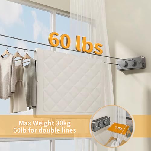 Retractable Clothesline, 16.7 Ft Stainless Wire Double Clothes Line, Grey - color: Gray, size: Double Line