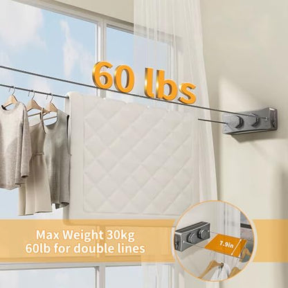 Retractable Clothesline, 16.7 Ft Stainless Wire Double Clothes Line, Grey - color: Gray, size: Double Line