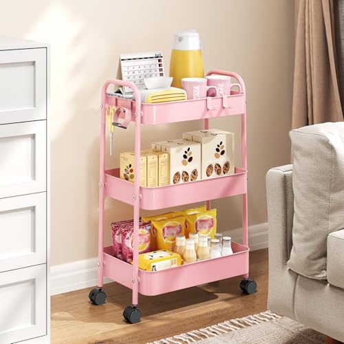 TOOLF 3 Tier Rolling Cart, Metal Utility Storage Cart with Wheels, Pink | 4 Hooks, Lockable Wheels, Trolley Organizer for Bathroom, Kitchen, Office, Nursery, Dorm, Laundry Room