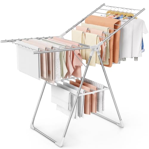 Sakugi Clothes Drying Rack, 55.5" Adjustable Wings, Foldable Design - color: Silver & White, size: Large (55.5"L x 22.8"W x 36.6"H)
