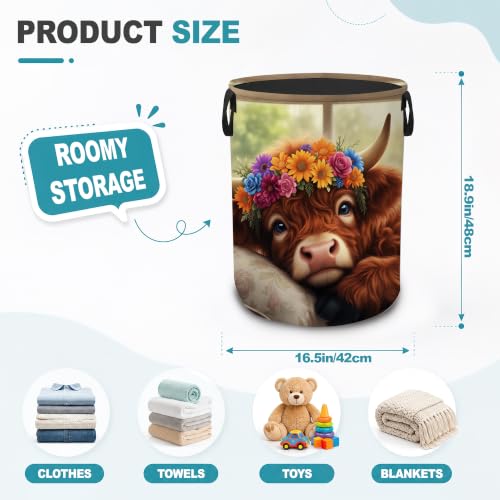 Highland Cow Floral Portable Laundry Hamper,Farmhouse Cozy Collapsible Clothes Basket with Handles,Waterproof Oxford Cloth Organizer for Dorm Bedroom Bathroom Nursery,16 x 20 Inch - color: Highland Cow Floral,Farmhouse Cozy