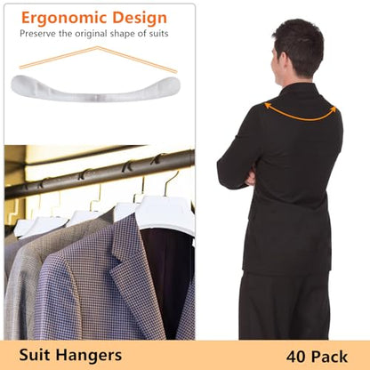 DEDU Suit Hangers for Men 40 Pack, Extra Wide Suit Hanger Non Slip Width 17.7", Thick Plastic Coat Hangers White with Metal Hook - color: White-40