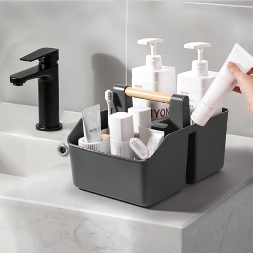 Plastic Shower Caddy, Portable Basket with Bamboo Handle, Dark Gray - color: Dark Gray