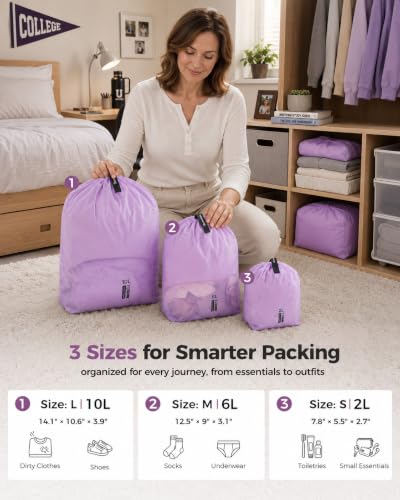 P.travel 3 Pack Travel Laundry Bags for Suitcases, Lightweight Water-Resistant Drawstring Bags for Dirty Clothes, 3 Sizes Reusable Luggage Organizer Bags for Travel, Gym & Swim, Purple - color: Purple
