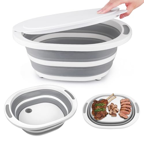 Collapsible Wash Basin, 7.5L Dish Tub Sink Basin Folding Dish Pans for Kitchen Sink, 2-in-1 Dishpan + Cutting Board, Portable Sink Dish Basin for Camping BBQ Prep Tub Washing Bin with Drain Plug + Lid - style: With Drain Plug + Lid