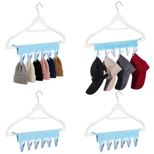 WADORN 4 Pack Travel Hanger Clips, Baseball Cap Hangers with 6 Clips Foldable Clothes Hanger Clip Compact Folding Sock Clip for Swimsuit Towel Underwear Dorms Camping Fits Hangers, Blue - color: Blue
