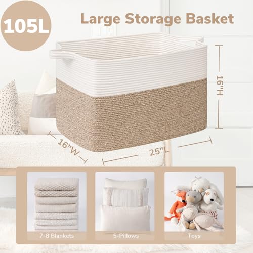 Goodpick 105L Extra Large Woven Rope Blanket Basket, White & Light Brown - color: White & Light Brown, size: XX-Large(25"L x 16"W x 16"H)
