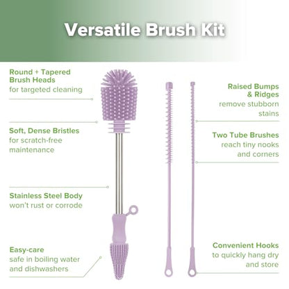 Haakaa Silicone Cleaning Brush Kit,Lavender,Portable Bottle Brush Cleaner - color: Lavender, size: 3 Piece Set