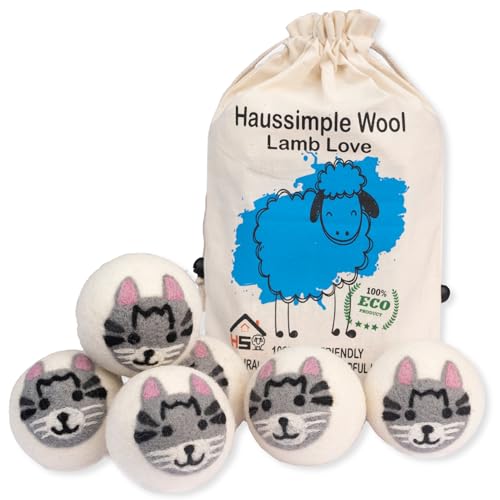 Wool Dryer Balls Organic Felt 6 Pack Laundry Fabric Softener, Extra Large Reusable Handmade Natural Sheep Wool Lint Wrinkle Free Anti Static Baby Safe (Cat) - color: Cat