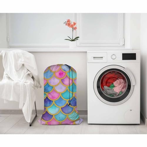Swono Extra Heavy Duty Laundry Bag Mermaid Scales, Watercolor Fish Scale Half Circle Geometric Animal Skin X-Large Dirty Clothes Drawstring Bag, Washable Laundry Liner for Hamper, Camp, Colorful - color: Mermaid Scales