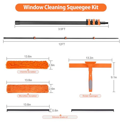 18FT Reach Carbon Fiber Window Squeegee with Extension Pole - size: 12 FT