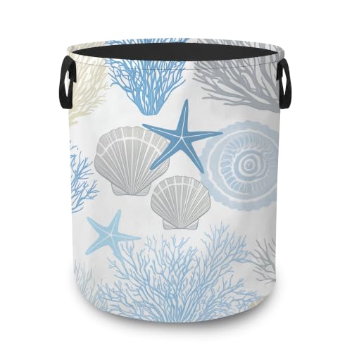 Coastal Seashell Dirty Clothes Hamper,Foldable Laundry Basket with Handles,Blue Coral Waterproof Oxford Cloth Storage Bin for Bedroom Bathroom Nursery,16 x 20 Inch - color: Coastal Seashell,Blue Coral