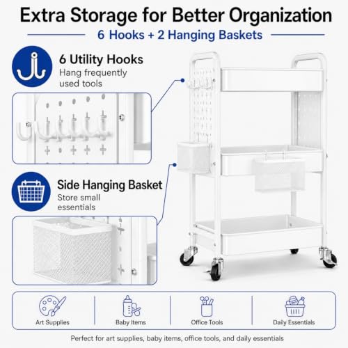 3 Tier White Rolling Storage Cart Metal with DIY Pegboard and Wheels - color: White