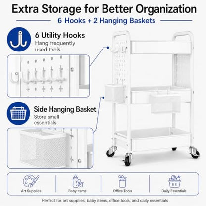 3 Tier White Rolling Storage Cart Metal with DIY Pegboard and Wheels - color: White