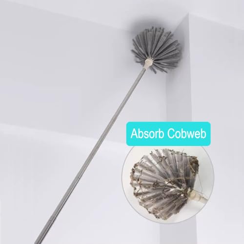 Cobweb Duster with Extension Pole & 3 Clean Head, Medium Stiff Bristles Cobweb Duster Head & 1.8 to 7.2-Feet Scalable Stainless Steel Pole Ceiling Fan Duster for Outdoor Indoor Cleaning