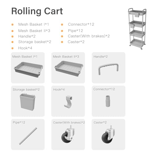 4 Tier Rolling Utility Cart with Handle,REBECAT Utility Cart Made of Multifunctional Storage Organizer Tool for Kitchen,Bathroom,Living Room,Office(Gray) - color: Gery