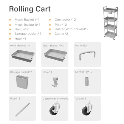 4 Tier Rolling Utility Cart with Handle,REBECAT Utility Cart Made of Multifunctional Storage Organizer Tool for Kitchen,Bathroom,Living Room,Office(Gray) - color: Gery
