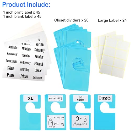 20 Pack White Clothing Rack Size Dividers Plus 45 Labels (1 Inch) and 18 Large Blank Labels, Large Rectangular Clothing Closet Dividers (Blue) - color: Blue, size: 20 PACK