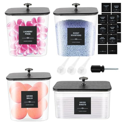 4 Pack Laundry Pods Container & Dryer Sheet Holder - Clear Plastic Laundry Room Organization Storage Containers with Black Lids, Scoops & Labels for Detergent Pods, Powder, Scent Boosters, Beads