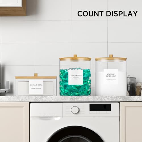 3 Pack Glass Jars and Acrylic Dryer Sheet Holder, Laundry Pods Container with Bamboo Lid and Measuring Cups for Laundry Room Organization, Powder Detergent Containers - color: White