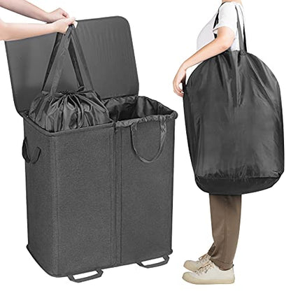 Lifewit Double Laundry Hamper with Lid, Removable Laundry Bags, Black - color: Black, size: 136L