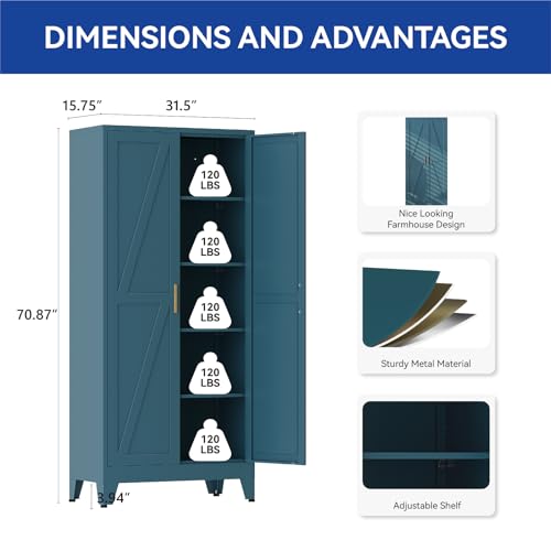 COFaR 71'' Tall Metal Storage Cabinet, Farmhouse Kitchen Pantry Cabinet with Doors and 4 Adjustable Shelves, Metal Pantry Storage Cabinets for Kitchen, Laundry, Peacock Blue 5-Tier - color: Peacock Blue, size: 71'' 2 Doors 0 Drawer-Tree Door
