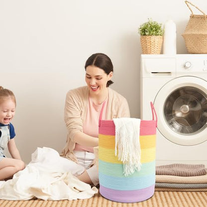 Woven Cotton Rope Laundry Basket, 15" x 20" Laundry Hamper, Rainbow - color: rainbow, size: Regular