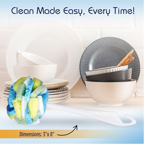Compac Home Dish SpongeWand Plus Tri Surface Scrubbing Sponge with Cello Foam Scour Sponge Petals, Cleans Dishes, Glassware 360 Scrubber Pads for Tough to Clean Pots Pans, Multi-Color, (Pack of 6) - size: 6 Count (Pack of 1)