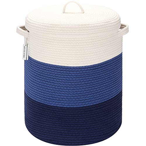Sea Team Large Woven Cotton Rope Laundry Basket with Lid, 20 x 16 in - color: White & Navy Blue