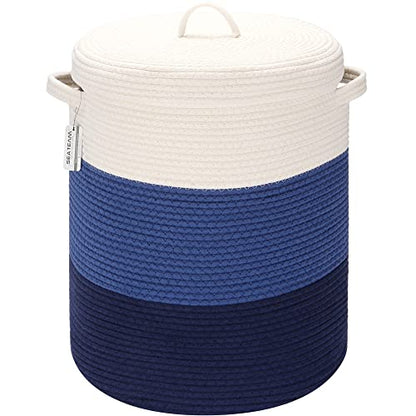 Sea Team Large Woven Cotton Rope Laundry Basket with Lid, 20 x 16 in - color: White & Navy Blue