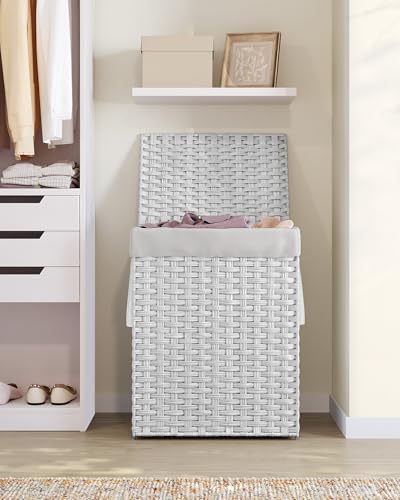 SONGMICS Laundry Hamper with Lid, 23.8 Gal (90 L) Synthetic Rattan,Foldable - color: Cloud White, size: 90 L