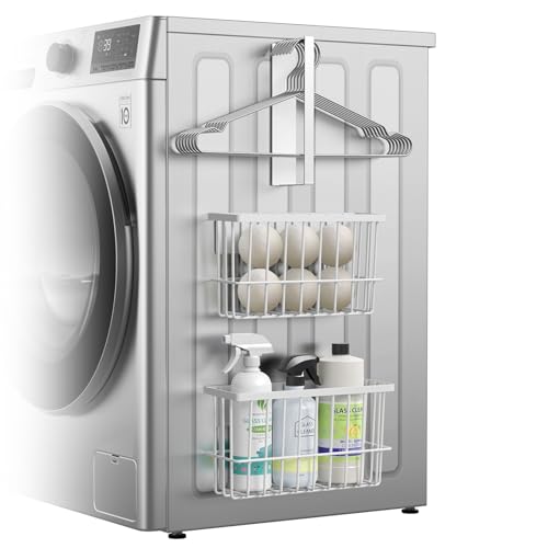 Laundry Room Organization and Storage Magnetic Dryer Ball Holder with Magnetic Hanger Holder, Magnetic Lint Bin for Washer Dryer, Iron Basket Dryer Ball Container, Magnetic Laundry Organizer (White) - color: White