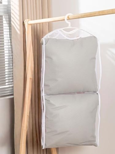 Pillows Drying Rack, Folded Double Layer Mesh Net Bags for Rectangle Square Pillow Cushion Clothes Shoes, Heavy-Duty Hanger Organizer for Outdoor Indoor Dryer, White
