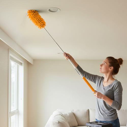 Microfiber Feather Duster with 29 in Telescoping Pole and Bendable Head for Ceiling Fans, Ceilings, Blinds, Furniture and Cars, Orange - color: Orange