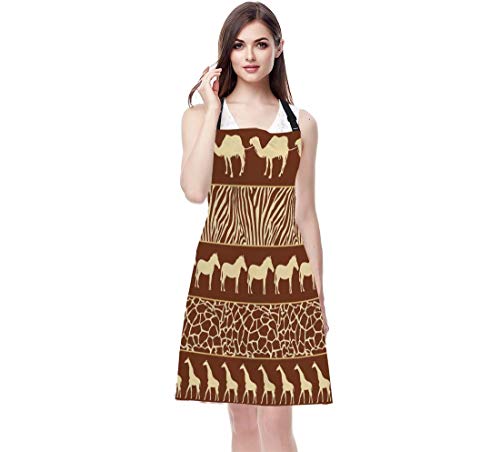 EKOBLA Animals Aprons Wild African Style Camel Zebra Giraffe Mural Horse Artwork Brown Waterproof Resistant Chef Cooking Kitchen BBQ Adjustable Aprons for Women Men 27x31 Inch - color: Multi-a08