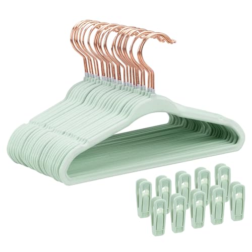 Tonswachic Baby Velvet Hangers 30 Pack - 11 Inch Premium Non Slip Kids Felt Hanger for Infant Clothes - Ultra Thin Baby Felt Hangers for Toddler Children's Closet with 10 Hanger Clips - Green - color: Green, size: 30 Pack