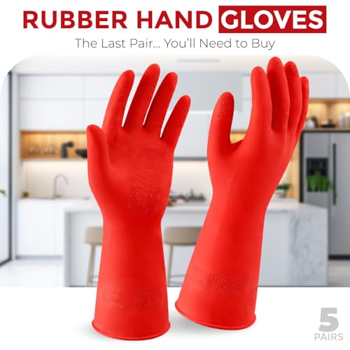 LADWA 5 Pairs Non-Slip Household Cleaning Reusable Dishwashing Gloves for Kitchen Washing Dishes Bathroom Gardening & Home Tasks Flexible Long-lasting & Waterproof Gloves Perfect for Woman Men (Red) - color: Red, size: Pack of 5