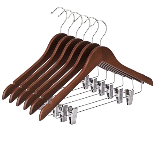 Wooden Hangers with Clips 12 Pack Wooden Pants Hangers,Skirt Hangers with Adjustable Clips,Hangers for Pants,Jeans,Slacks,Shorts（Walunt） - color: Walnut