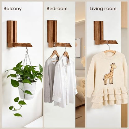 2 Pack Clothes Drying Rack Wall Mounted,Space Saver Wood Wall Mounted Folding Clothes Hanger Rack for Laundry Room,Bathrooms,Closet Storage Organization,Easy to Install - color: Brown